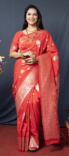 Red and Maroon color Saree in Blended fabric with Weaving, Zari work