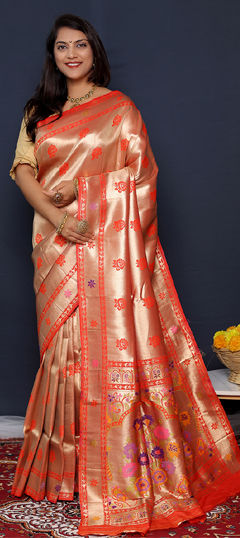 Beige and Brown color Saree in Blended fabric with Weaving, Zari work