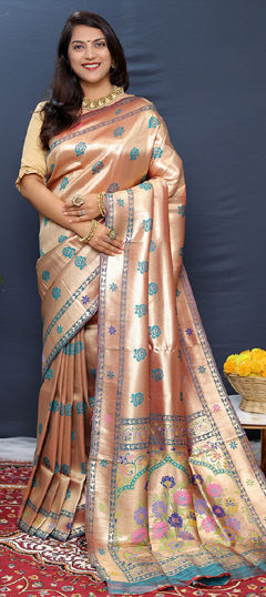 Beige and Brown color Saree in Blended fabric with Weaving, Zari work