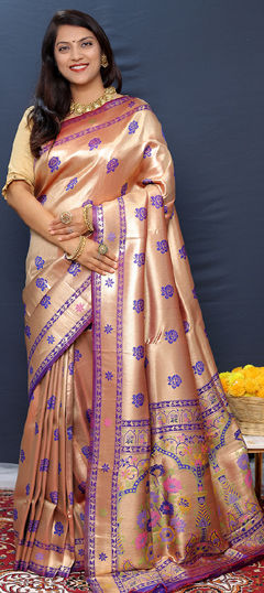 Beige and Brown color Saree in Blended fabric with Weaving, Zari work