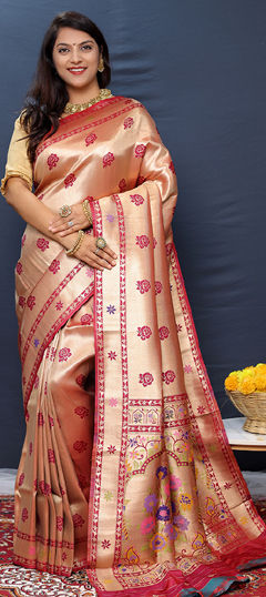 Beige and Brown color Saree in Blended fabric with Weaving, Zari work