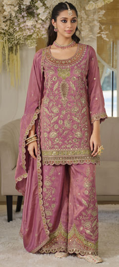 Pink and Majenta color Salwar Kameez in Silk fabric with Mirror, Sequence work