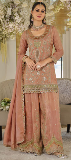 Orange color Salwar Kameez in Silk fabric with Mirror, Sequence work