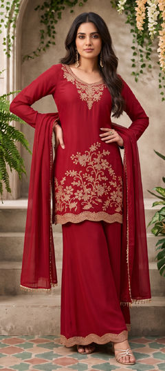 Red and Maroon color Salwar Kameez in Chinon Silk fabric with Cut Dana, Thread work