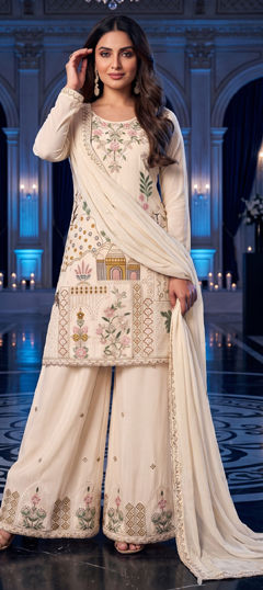 White and Off White color Salwar Kameez in Silk fabric with Embroidered, Sequence work