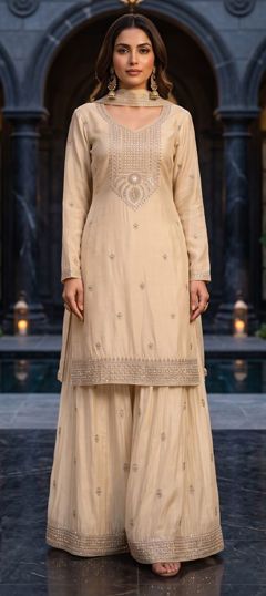 Beige and Brown color Salwar Kameez in Chinon Silk fabric with Bugle Beads, Embroidered, Sequence work