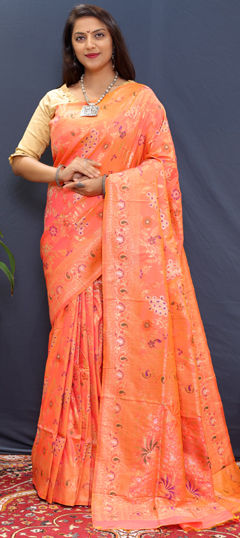 Orange color Saree in Blended fabric with Weaving, Zari work
