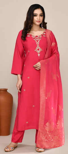 Pink and Majenta color Salwar Kameez in Chanderi Silk fabric with Bugle Beads, Cut Dana, Moti, Resham work