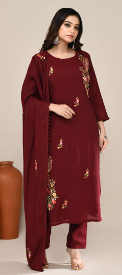 Red and Maroon color Salwar Kameez in Chanderi Silk fabric with Bugle Beads, Cut Dana, Moti, Printed work