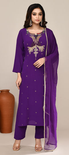 Purple and Violet color Salwar Kameez in Viscose fabric with Bugle Beads, Cut Dana, Moti, Resham work