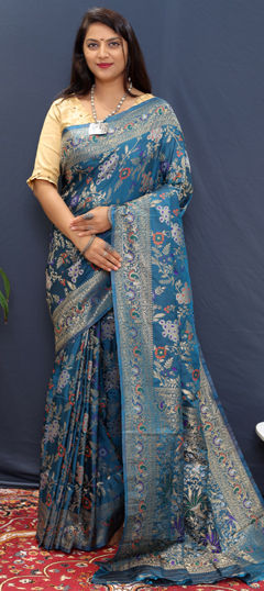 Blue color Saree in Blended fabric with Weaving, Zari work