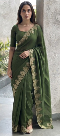 Green color Saree in Chiffon, Satin fabric with Embroidered work