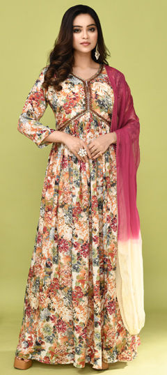 Multicolor color Gown in Chinon Silk fabric with Bugle Beads, Cut Dana, Floral, Moti, Printed, Resham work