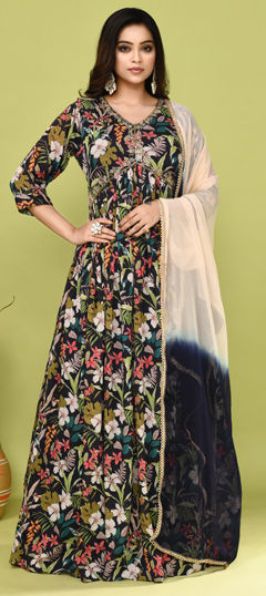 Multicolor color Gown in Chinon Silk fabric with Bugle Beads, Cut Dana, Floral, Moti, Printed, Resham work