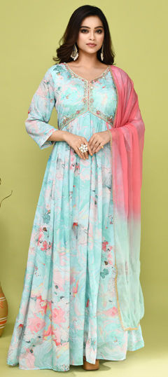 Blue, Multicolor color Gown in Chinon Silk fabric with Bugle Beads, Cut Dana, Floral, Moti, Printed, Resham work
