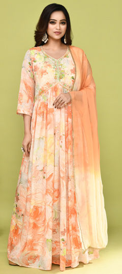 Multicolor, Pink and Majenta color Gown in Chinon Silk fabric with Bugle Beads, Cut Dana, Floral, Moti, Printed, Resham work