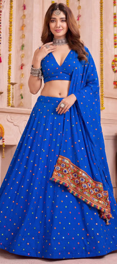 Blue color Lehenga in Rayon fabric with Embroidered, Gota Patti, Mirror, Thread work