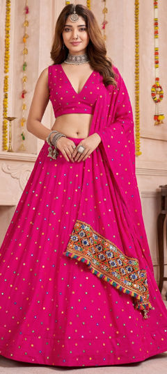 Pink and Majenta color Lehenga in Rayon fabric with Embroidered, Gota Patti, Mirror, Thread work