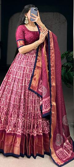 Pink and Majenta color Lehenga in Silk fabric with Printed, Weaving, Zari work