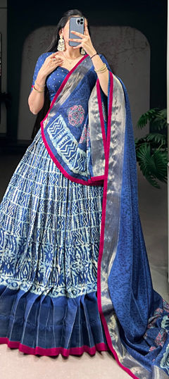 Blue color Lehenga in Silk fabric with Printed, Weaving, Zari work