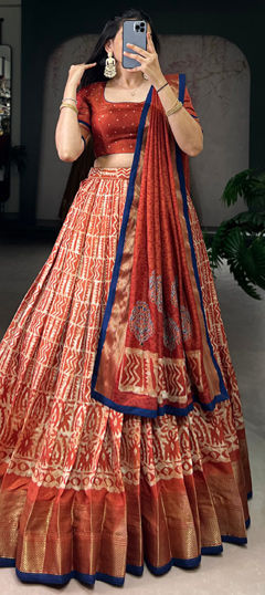 Beige and Brown color Lehenga in Silk fabric with Printed, Weaving, Zari work