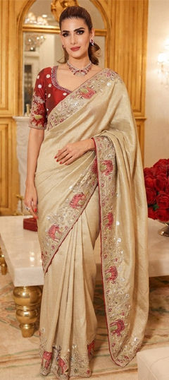 Beige and Brown color Saree in Kanjeevaram Silk fabric with Embroidered, Sequence, Stone work