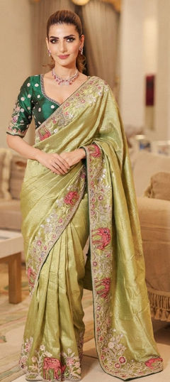 Green color Saree in Kanjeevaram Silk fabric with Embroidered, Sequence, Stone work
