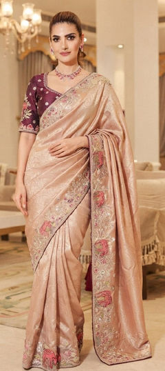 Pink and Majenta color Saree in Kanjeevaram Silk fabric with Embroidered, Sequence, Stone work