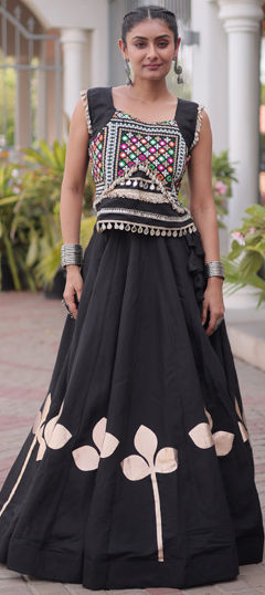 Black and Grey color Long Lehenga Choli in Roman Silk fabric with Embroidered, Gota Patti, Lace, Mirror work