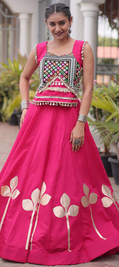 Pink and Majenta color Long Lehenga Choli in Roman Silk fabric with Embroidered, Gota Patti, Lace, Mirror work