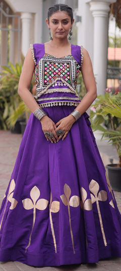Purple and Violet color Long Lehenga Choli in Roman Silk fabric with Embroidered, Gota Patti, Lace, Mirror work