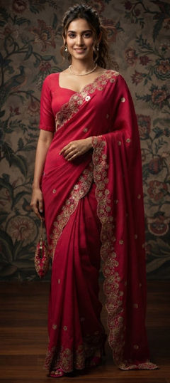 Pink and Majenta color Saree in Chiffon, Satin fabric with Embroidered work
