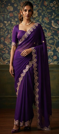 Purple and Violet color Saree in Chiffon, Satin fabric with Embroidered work