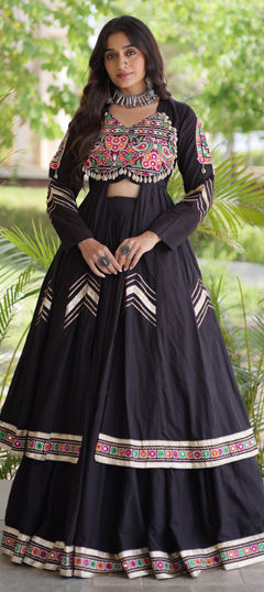 Black and Grey color Long Lehenga Choli in Cotton fabric with Embroidered, Mirror work