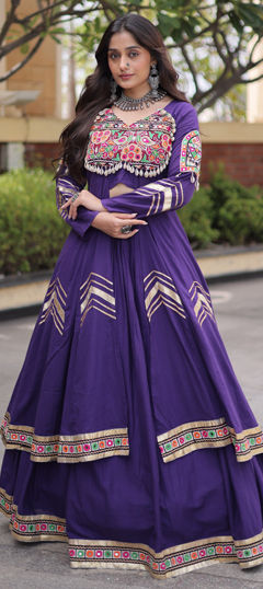 Purple and Violet color Long Lehenga Choli in Cotton fabric with Embroidered, Mirror work