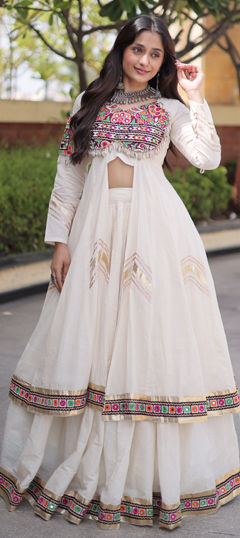White and Off White color Long Lehenga Choli in Cotton fabric with Embroidered, Mirror work