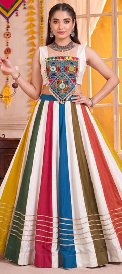 White and Off White color Ready to Wear Lehenga in Rayon fabric with Gota Patti, Lace, Mirror, Zircon work