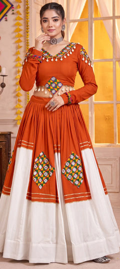 Orange color Ready to Wear Lehenga in Rayon fabric with Gota Patti, Patch work