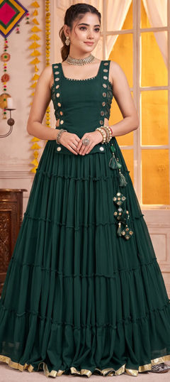 Green color Long Lehenga Choli in Georgette fabric with Mirror work