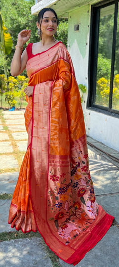 Orange color Saree in Silk fabric with Weaving work