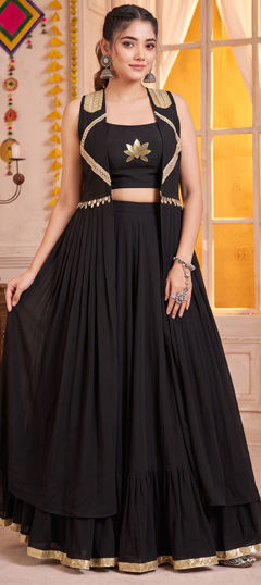 Black and Grey color Long Lehenga Choli in Georgette fabric with Embroidered, Lace work