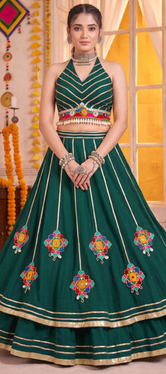 Green color Ready to Wear Lehenga in Silk fabric with Gota Patti, Lace, Mirror work