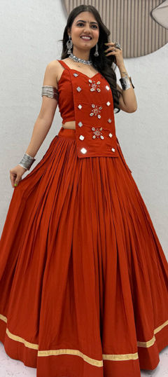 Red and Maroon color Long Lehenga Choli in Cotton fabric with Mirror work