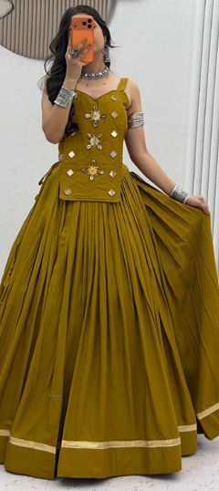 Yellow color Long Lehenga Choli in Cotton fabric with Mirror work