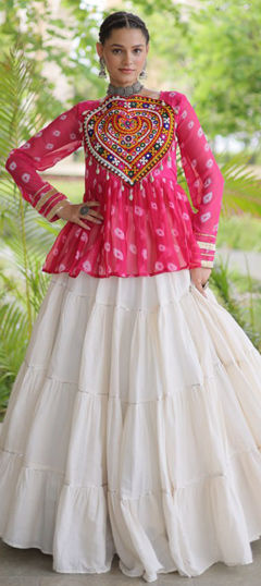 Pink and Majenta color Long Lehenga Choli in Cotton, Faux Georgette fabric with Bandhej, Embroidered, Patch work