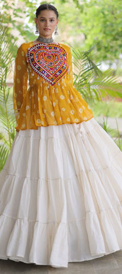 Yellow color Long Lehenga Choli in Cotton, Faux Georgette fabric with Bandhej, Embroidered, Patch work