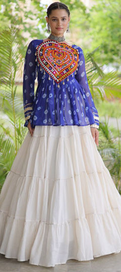 Blue color Long Lehenga Choli in Cotton, Faux Georgette fabric with Bandhej, Embroidered, Patch work