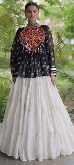 Black and Grey color Long Lehenga Choli in Cotton, Faux Georgette fabric with Bandhej, Embroidered, Patch work