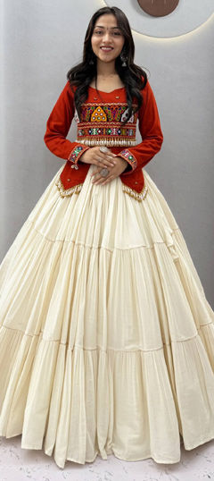 Orange, White and Off White color Long Lehenga Choli in Cotton fabric with Embroidered, Mirror work