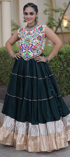 Green color Long Lehenga Choli in Rayon fabric with Embroidered, Lace work